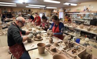 A diverse group of people come together to learn the art of pottery-making in a workshop, receiving instruction and guidance on sculpting clay into various vessels and forms.Generated photo