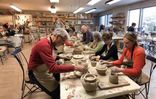 A diverse group of people come together to learn the art of pottery-making in a workshop, receiving instruction and guidance on sculpting clay into various vessels and forms.Generated photo