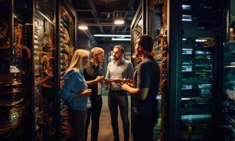 A group of engineers engages in a discussion about technical issues while situated in a modern server room, collaborating to find solutions and ensure the smooth operation of the photo