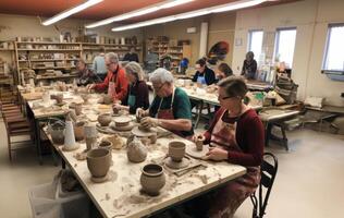 A diverse group of people come together to learn the art of pottery-making in a workshop, receiving instruction and guidance on sculpting clay into various vessels and forms.Generated photo