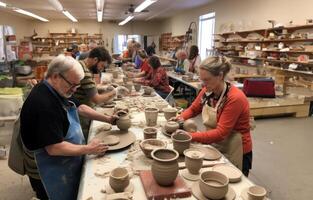 A diverse group of people come together to learn the art of pottery-making in a workshop, receiving instruction and guidance on sculpting clay into various vessels and forms.Generated photo