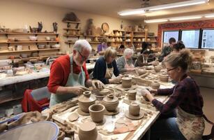 A diverse group of people come together to learn the art of pottery-making in a workshop, receiving instruction and guidance on sculpting clay into various vessels and forms.Generated photo