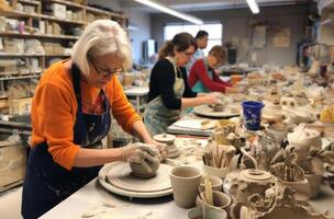 A diverse group of people come together to learn the art of pottery-making in a workshop, receiving instruction and guidance on sculpting clay into various vessels and forms.Generated photo