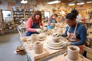 A diverse group of people come together to learn the art of pottery-making in a workshop, receiving instruction and guidance on sculpting clay into various vessels and forms.Generated photo