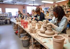 A diverse group of people come together to learn the art of pottery-making in a workshop, receiving instruction and guidance on sculpting clay into various vessels and forms.Generated photo
