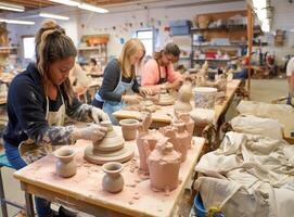 A diverse group of people come together to learn the art of pottery-making in a workshop, receiving instruction and guidance on sculpting clay into various vessels and forms.Generated photo