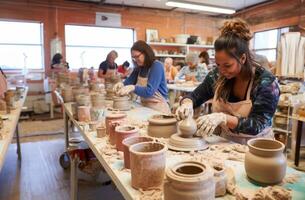 A diverse group of people come together to learn the art of pottery-making in a workshop, receiving instruction and guidance on sculpting clay into various vessels and forms.Generated photo