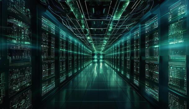 The photograph captures the interior of a modern, spacious server room, showcasing rows of equipment, racks, and cables, illustrating the technological infrastructure and complexity photo