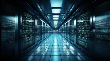 The photograph captures the interior of a modern, spacious server room, showcasing rows of equipment, racks, and cables, illustrating the technological infrastructure and complexity photo
