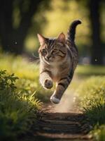 a cat running on a path in the grass photo
