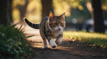 a cat running on a path in the grass photo