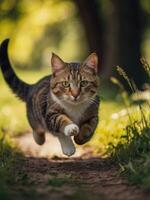 a cat running on a path in the grass photo