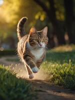 a cat running on a path in the grass photo