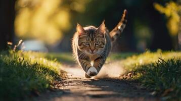 a cat running on a path in the grass photo