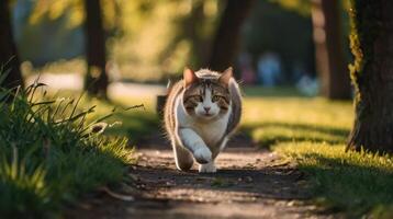 a cat running on a path in the grass photo