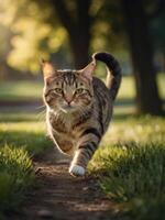 a cat running on a path in the grass photo