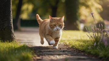 a cat running on a path in the grass photo