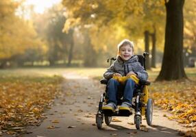 A beautiful young boy in a wheelchair enjoys a serene autumn day, surrounded by vibrant foliage in the park, embracing the wonders of nature with joy and curiosity.Generated image photo