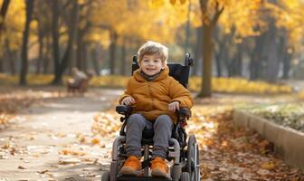 A beautiful young boy in a wheelchair enjoys a serene autumn day, surrounded by vibrant foliage in the park, embracing the wonders of nature with joy and curiosity.Generated image photo