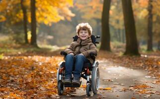 A beautiful young boy in a wheelchair enjoys a serene autumn day, surrounded by vibrant foliage in the park, embracing the wonders of nature with joy and curiosity.Generated image photo
