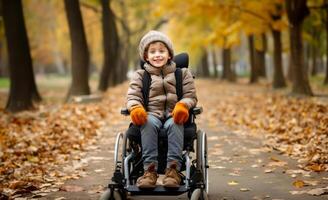 A beautiful young boy in a wheelchair enjoys a serene autumn day, surrounded by vibrant foliage in the park, embracing the wonders of nature with joy and curiosity.Generated image photo