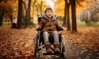 A beautiful young boy in a wheelchair enjoys a serene autumn day, surrounded by vibrant foliage in the park, embracing the wonders of nature with joy and curiosity.Generated image photo