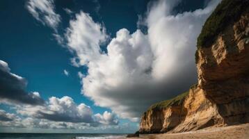 a beach with cliffs and a blue sky photo