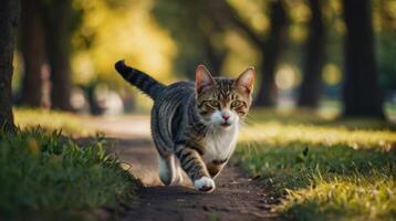 a cat running on a path in the grass photo