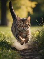a cat running on a path in the grass photo