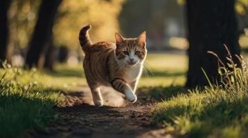 a cat running on a path in the grass photo