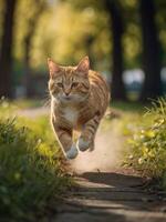 a cat running on a path in the grass photo