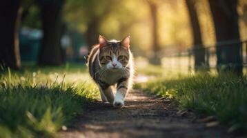 a cat running on a path in the grass photo