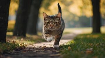 a cat running on a path in the grass photo