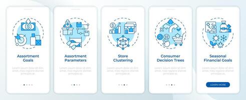 Assortment planning tools blue onboarding mobile app screen. Walkthrough 5 steps editable graphic instructions with linear concepts. UI, UX, GUI template vector