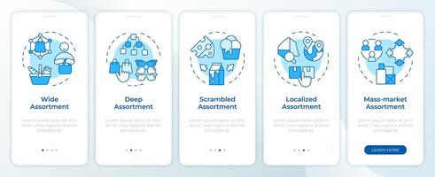 Assortment planning models blue onboarding mobile app screen. Walkthrough 5 steps editable graphic instructions with linear concepts. UI, UX, GUI template vector