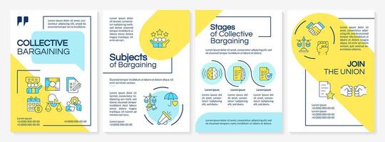 Workers union bargaining blue and yellow brochure template. Leaflet design with linear icons. Editable 4 layouts for presentation, annual reports vector