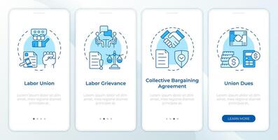 Workflow key relations concepts blue onboarding mobile app screen. Walkthrough 4 steps editable graphic instructions with linear concepts. UI, UX, GUI template vector
