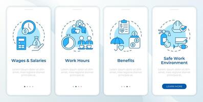 Employee workflow organization blue onboarding mobile app screen. Walkthrough 4 steps editable graphic instructions with linear concepts. UI, UX, GUI template vector