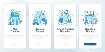 Mental counseling approaches blue onboarding mobile app screen. Walkthrough 4 steps editable graphic instructions with linear concepts. UI, UX, GUI template vector