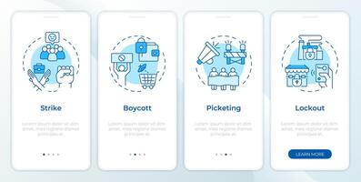 Workers union strike tactics blue onboarding mobile app screen. Walkthrough 4 steps editable graphic instructions with linear concepts. UI, UX, GUI template vector