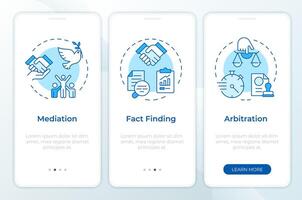 Bargaining impasses resolving blue onboarding mobile app screen. Walkthrough 3 steps editable graphic instructions with linear concepts. UI, UX, GUI template vector
