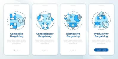 Bargaining tactics examples blue onboarding mobile app screen. Walkthrough 4 steps editable graphic instructions with linear concepts. UI, UX, GUI template vector