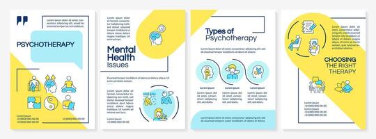 Types of psychotherapy blue and yellow brochure template. Leaflet design with linear icons. Editable 4 layouts for presentation, annual reports vector