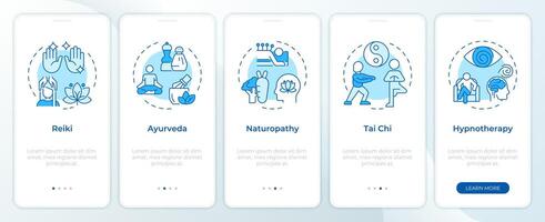 Alternative therapy types blue onboarding mobile app screen. Walkthrough 5 steps editable graphic instructions with linear concepts. UI, UX, GUI template vector