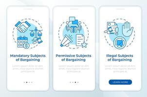 Types of bargaining subjects blue onboarding mobile app screen. Walkthrough 3 steps editable graphic instructions with linear concepts. UI, UX, GUI template vector