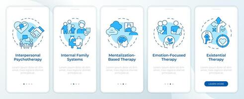 Mental counseling differences blue onboarding mobile app screen. Walkthrough 5 steps editable graphic instructions with linear concepts. UI, UX, GUI template vector