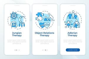 Psychodynamic therapy types blue onboarding mobile app screen. Walkthrough 3 steps editable graphic instructions with linear concepts. UI, UX, GUI template vector