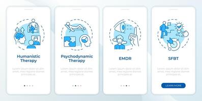 Types of therapeutic modalities blue onboarding mobile app screen. Walkthrough 4 steps editable graphic instructions with linear concepts. UI, UX, GUI template vector