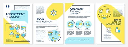 Assortment planning yellow and blue brochure template. Retail strategy. Leaflet design with linear icons. Editable 4 layouts for presentation, annual reports vector