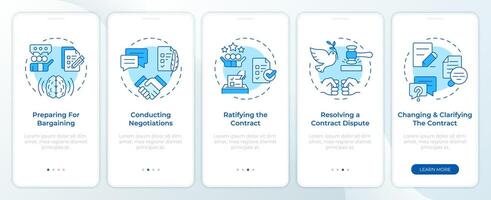 Collective bargaining workflow blue onboarding mobile app screen. Walkthrough 5 steps editable graphic instructions with linear concepts. UI, UX, GUI template vector
